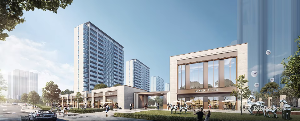 Modern Commercial Street With Glass Facades Pedestrians And Surrounding High Rise Apartments 3d model 
