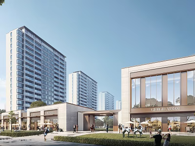Modern Commercial Street With Glass Facades Pedestrians And Surrounding High Rise Apartments 3d model