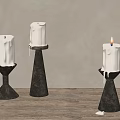 Metal Candle Holders With White Candles And Melted Wax On Wooden Table Against Gray Wall