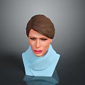 3D Character Head Model With Brown Hair And Blue Scarf On Gray Background
