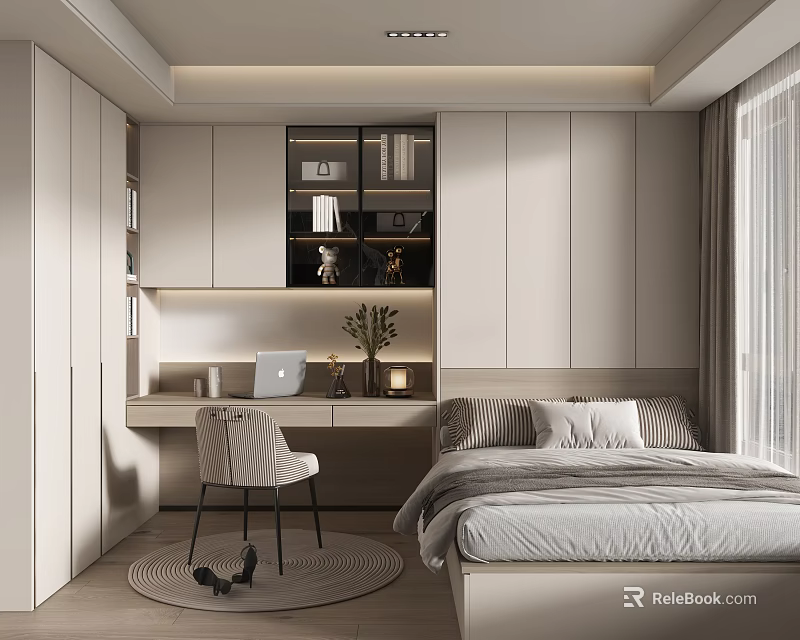 Modern Tatami Bedroom Interior Design With Storage Cabinets Desk Chair Lamp And Plant 3d model 