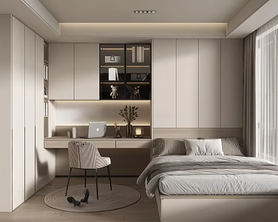 Modern Tatami Bedroom Interior Design With Storage Cabinets Desk Chair Lamp And Plant 3d model
