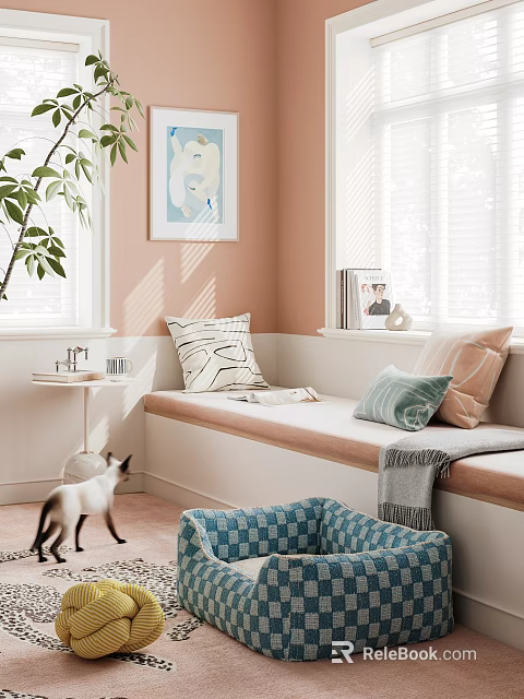 Kids Room With Peach Wall Window Blinds Bench Pillows Green Plant Cat Checkered Pet Bed 3d model 