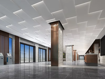 Modern Luxurious Hotel Lobby Reception Desk Featuring Marble Surfaces Floor to Ceiling Windows and Chandeliers 3d model