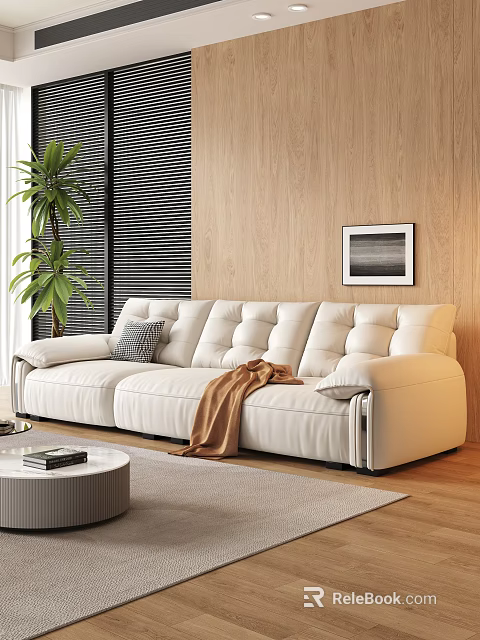 Modern Design White Leather Three Seater Sofa With Cushion Throw Blanket In Wooden Wall Room 3d model 