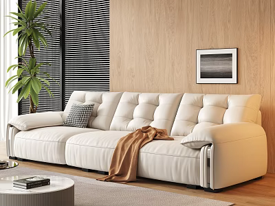 Modern Design White Leather Three Seater Sofa With Cushion Throw Blanket In Wooden Wall Room 3d model
