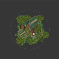 Cartoon Scene Model Featuring Traditional Chinese Architecture Green Roofs Red Pillars And Trees
