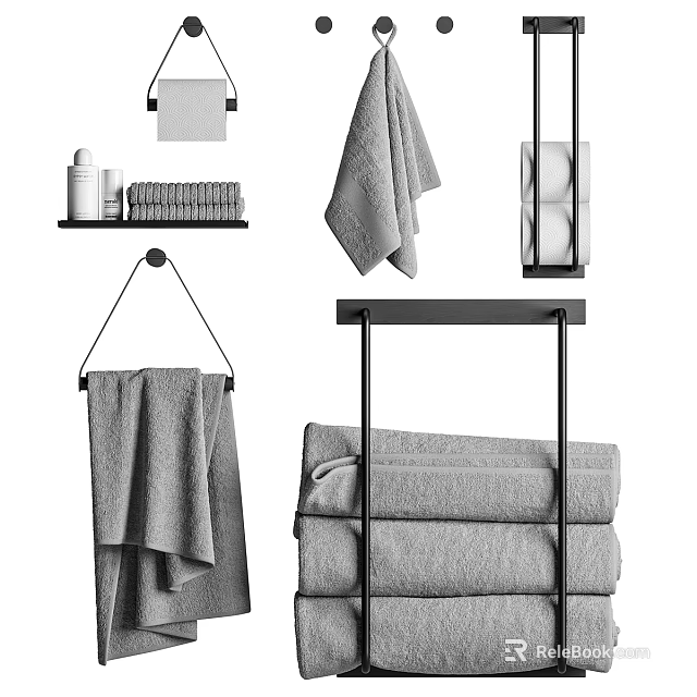 Modern Bathroom Cabinet Rack With Shelves Hooks Stacked And Hanging Towels 3d model 