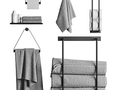 Modern Bathroom Cabinet Rack With Shelves Hooks Stacked And Hanging Towels 3d model