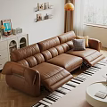 Modern Brown Leather Three Seater Sofa With Yellow And Checkered Cushions In Living Room