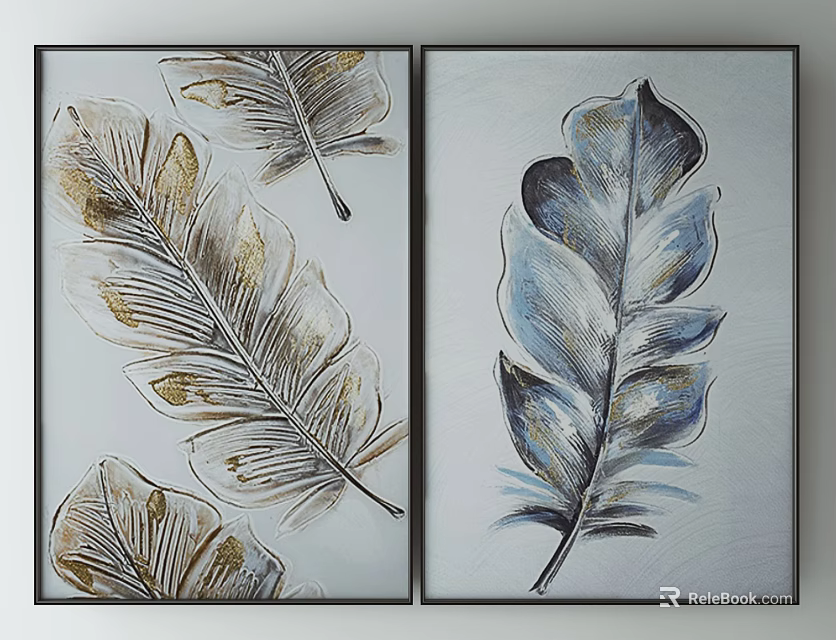 Two Panel Feather Themed Wall Art With Gold Blue Accents On White Background 3d model