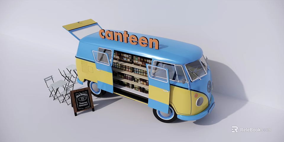 Blue And Yellow Mobile Canteen Van With Open Shelves Tables Chairs And Chalkboard Menu 3d model 