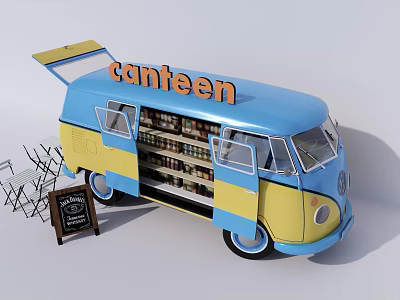 Blue And Yellow Mobile Canteen Van With Open Shelves Tables Chairs And Chalkboard Menu 3d model