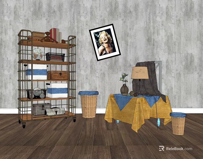 Metal Storage Shelf with Multiple Tiers Holding Books Baskets and Boxes Gray Wall Wooden Floor 3d model 