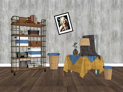 Metal Storage Shelf with Multiple Tiers Holding Books Baskets and Boxes Gray Wall Wooden Floor 3d model