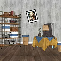 Metal Storage Shelf with Multiple Tiers Holding Books Baskets and Boxes Gray Wall Wooden Floor