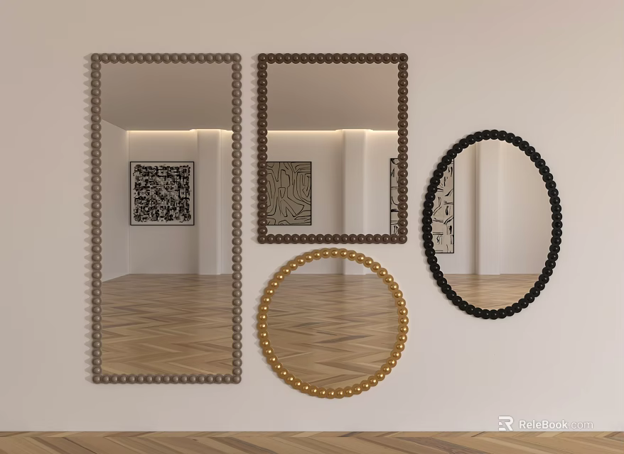 Various Shaped Mirrors With Beaded Gold Black Frames Displayed On White Wall In Modern Interior 3d model 