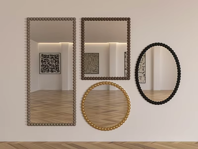 Various Shaped Mirrors With Beaded Gold Black Frames Displayed On White Wall In Modern Interior 3d model