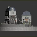 Cartoon Town Scene With Blue Roof Buildings Storefronts Fountain Benches And Autumn Trees