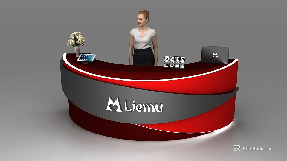 Modern Curved Red And Gray Reception Desk With Liemu Logo Tablet Vase Books And Laptop 3d model 