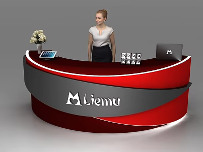 Modern Curved Red And Gray Reception Desk With Liemu Logo Tablet Vase Books And Laptop 3d model