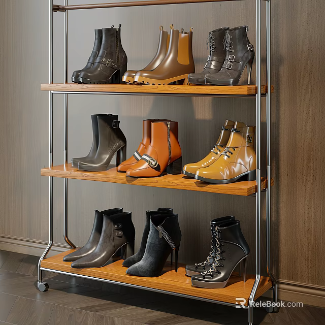 Trendy Leather Boots With High Heels In Various Colors On Shelf 3d model 