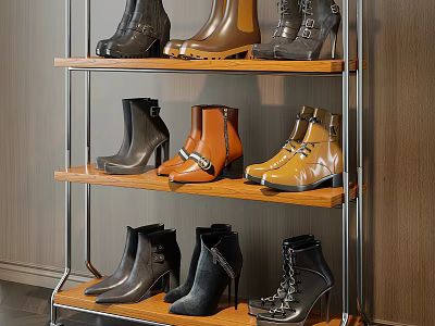 Trendy Leather Boots With High Heels In Various Colors On Shelf 3d model