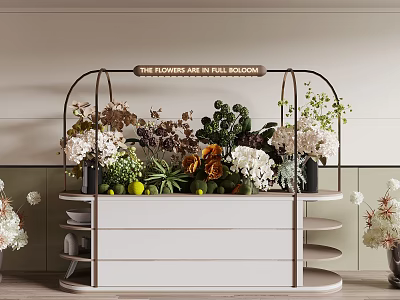 Fresh Cut Flowers in Black Vases on White Counter Modern Flower Shop Interior 3d model