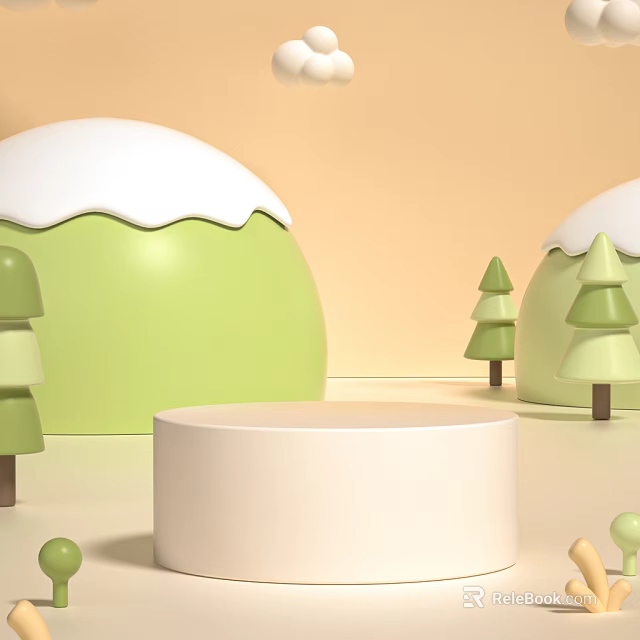 Green Dome With Snow Like Top And Small Trees Near White Round Display Stand 3d model 