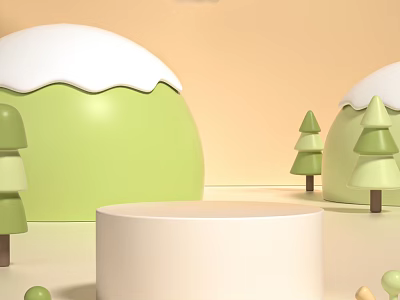 Green Dome With Snow Like Top And Small Trees Near White Round Display Stand 3d model
