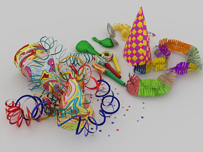 Colorful Party Supplies Including Hats Streamers Blowouts And Confetti For Celebrations 3d model