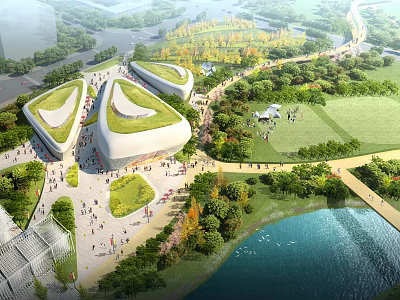 Modern Visitor Center With Green Roof and Open Plaza Surrounded by Trees Near Scenic Lake 3d model