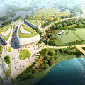 Modern Visitor Center With Green Roof and Open Plaza Surrounded by Trees Near Scenic Lake