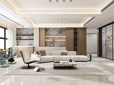 Modern Living and Dining Room Interior Design With Sofa Coffee Table And Wall Decor 3d model