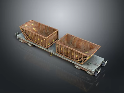 Rusty Mine Carts on Metal Track with Weathered Surfaces and Cargo Beds 3d model