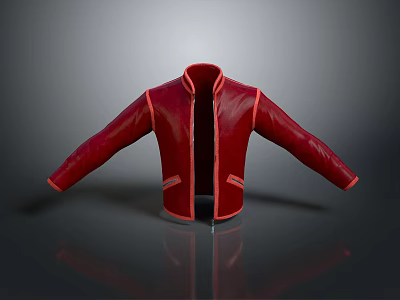 Red Leather Jacket With Stand Up Collar Open Design Zipper And Side Pockets 3d model