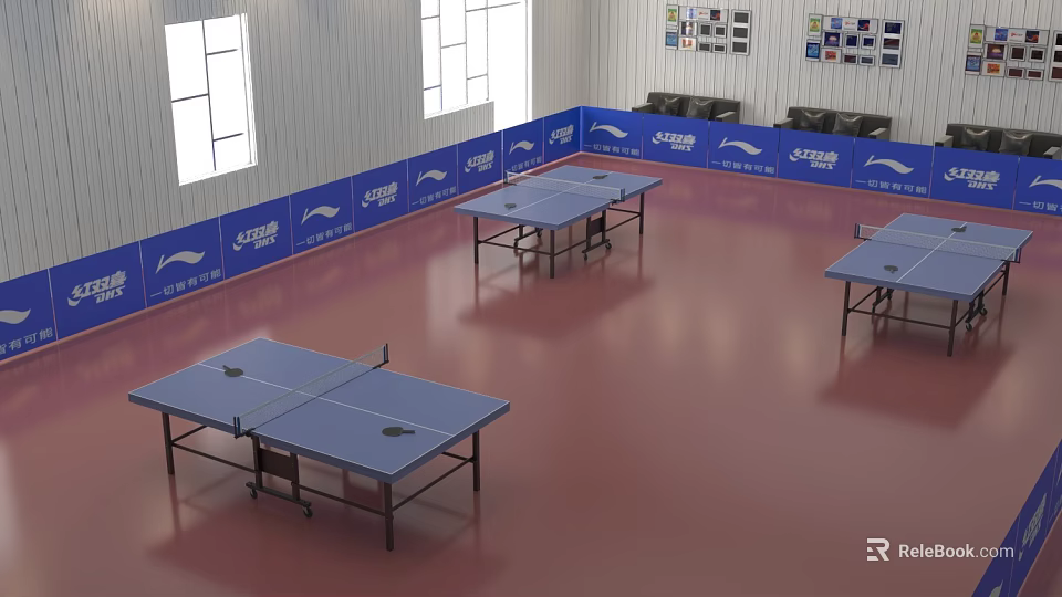 Indoor Table Tennis Court Featuring Red Floor Blue Banners Multiple Tables And Sofas 3d model 