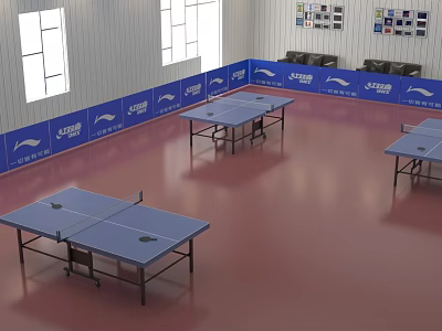 Indoor Table Tennis Court Featuring Red Floor Blue Banners Multiple Tables And Sofas 3d model