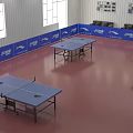 Indoor Table Tennis Court Featuring Red Floor Blue Banners Multiple Tables And Sofas