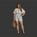 Woman In White Lace Trim Romper Holding Brown Woven Handbag And Sandals On Gray Backdrop