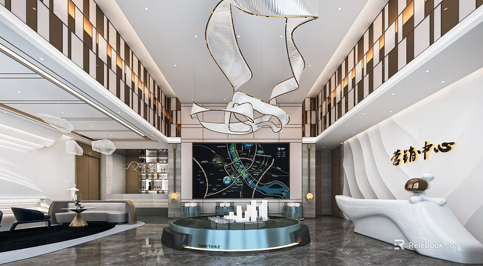 Modern Sales Office Interior Design With Hanging Chandelier Model Map Display And Reception Desk 3d model 