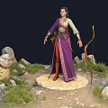 Elegant Female Character In Purple Robe With Bow On Circular Stone Platform Surrounded By Plants