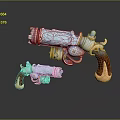 Decorative Fantasy Pistols With Blue Metallic Finish Intricate Carvings And Wooden Grips