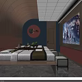 Modern SPA Sauna Interior With Comfortable Beds Circular Red Light Wall Art And Warm Lighting
