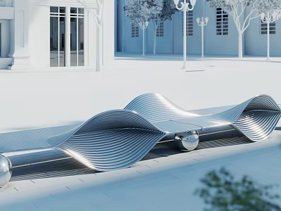 Modern Wavy Metal Landscape Seat Placed In Outdoor Plaza With Trees And Buildings Nearby 3d model