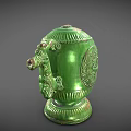 Green Ceramic Tea Set with Intricate Carved Dragon Motif and Decorative Handles on Base