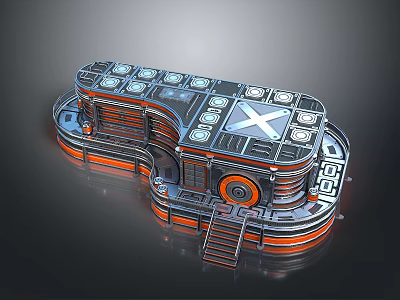 Futuristic Mechanical Structure With Multiple Platforms Circular Elements And Orange Black Accents 3d model