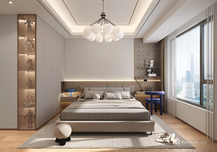 Modern Kids Bedroom With Display Shelves Pendant Light And Large Window 3d model 