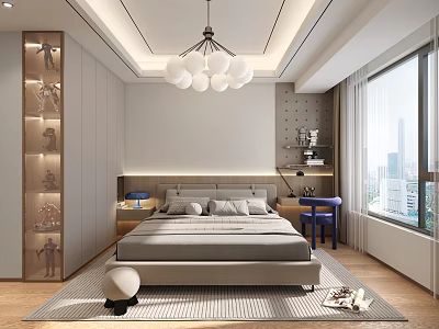 Modern Kids Bedroom With Display Shelves Pendant Light And Large Window 3d model
