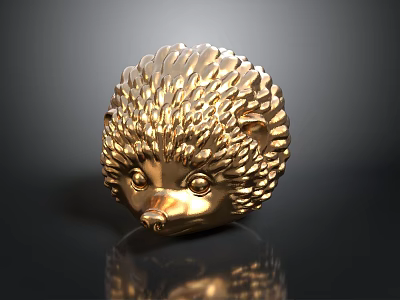 Golden Hedgehog Head Sculpture With Textured Spines And Reflective Surface 3d model